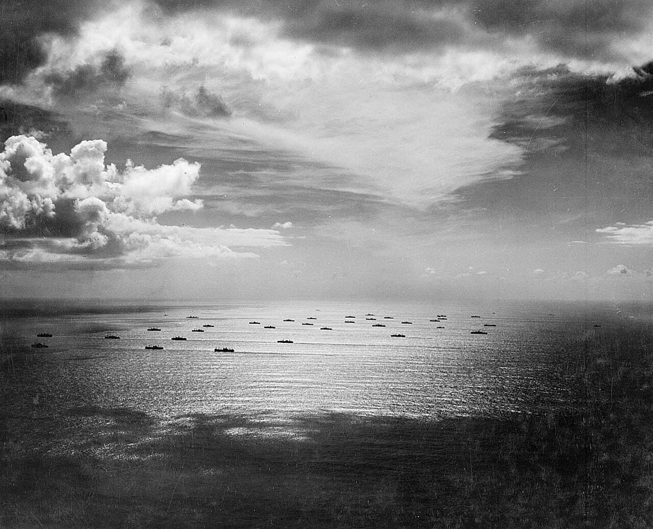 An Allied convoy at sea, seen from the air