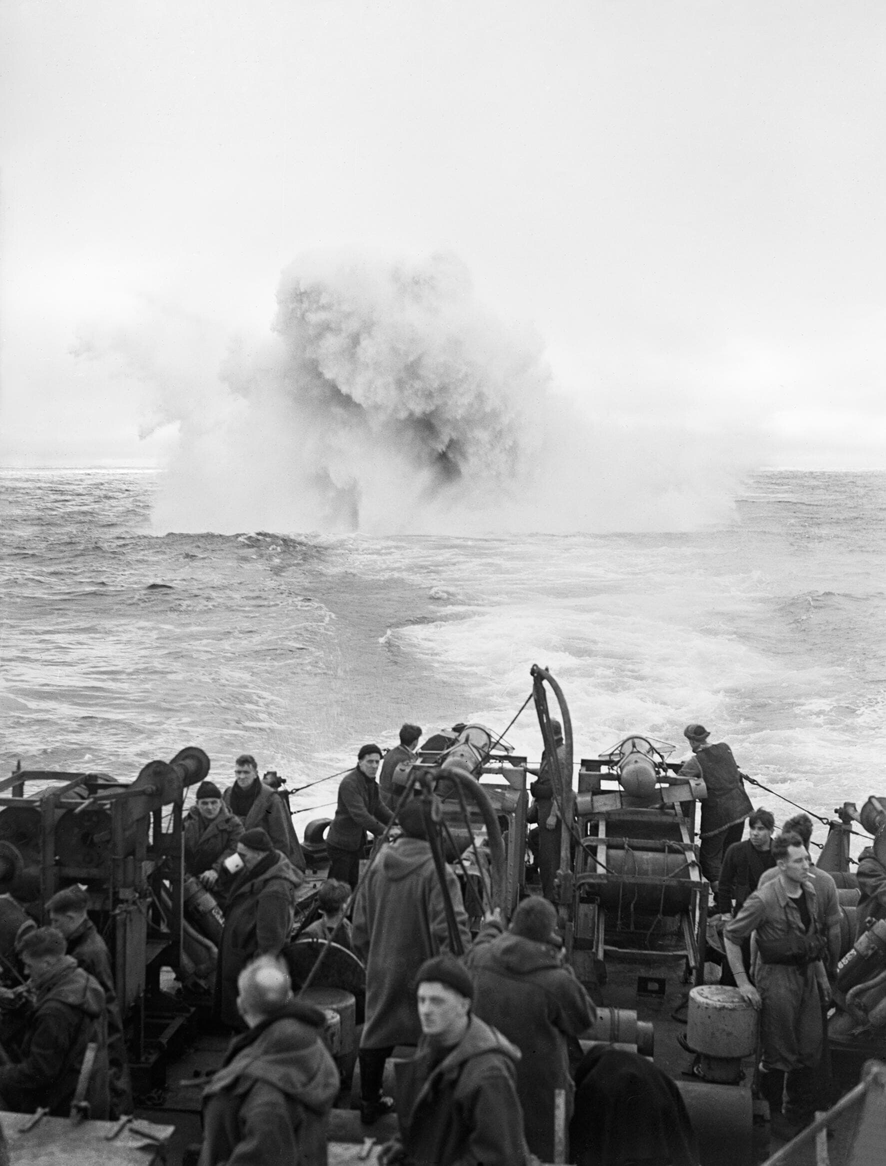 Depth charges exploding astern of HMS Starling in the Atlantic, January 1944