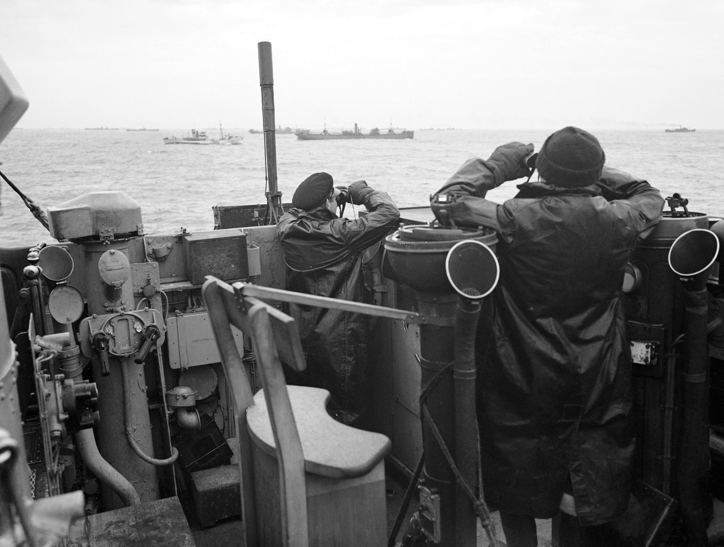 Officers keeping watch on the bridge of an escort vessel in the Atlantic