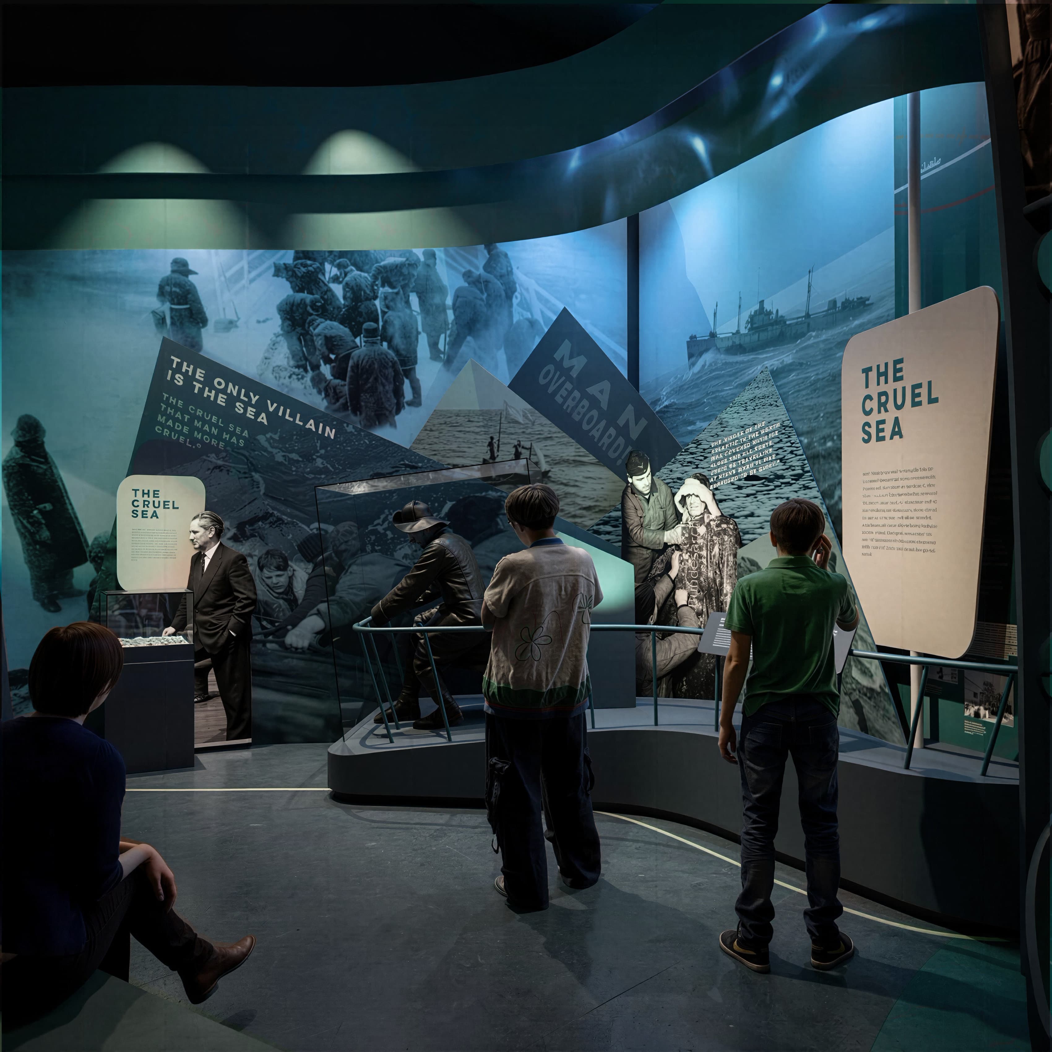 The Cruel Sea - curved immersive gallery with archive photography and dramatic lighting